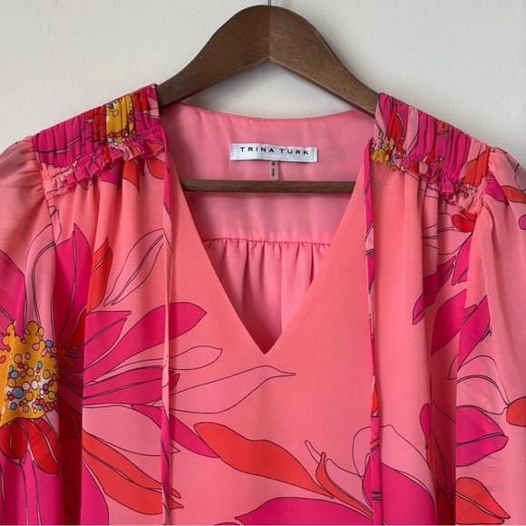 Trina Turk Watson Floral V Neck Blouse Small Long Sleeve Pink - Picture 3 of 11